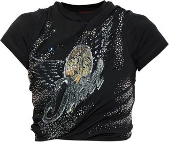 Diesel Cropped Black Top With Embellished Graphic Design