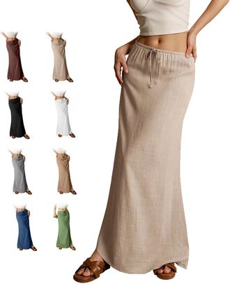 Generic 2025 Summer Linen Maxi Skirts for Women, Cute Vacation Boho Long Flowy Skirts, Comfy Drawstring Waist A Line Skirts (Light Brown,XXL)