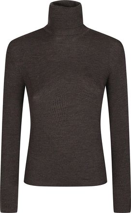 P.A.R.O.S.H. Brown Long Turtle Neck Fitted Wool Turtleneck