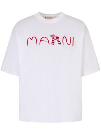 Marni Boxy Cropped White T-Shirt with Playful Graphic Design