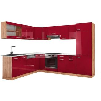 Vicco Cocina Esquinera R-line, Burdeos Brillo Intenso/roble Dorado, 227 X 287 Cm, Et M&aacute;rmol