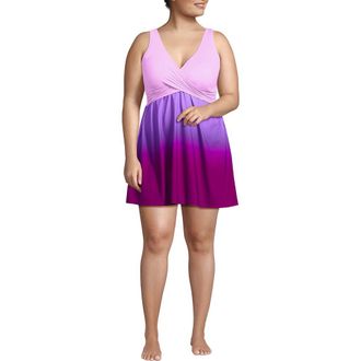Lands End Plus Size SlenderSuit Wrap Swim Dress Swimsuit in Crimson Rose/purple Ombre at Nordstrom, Size 24W