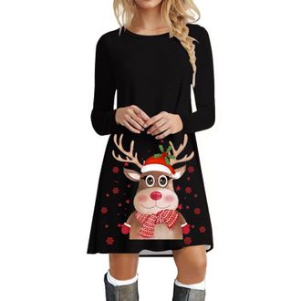 Generic Christmas Jumper Dress for Women UK Cute Reindeer Santa Xmas Tops Long Sleeve O Neck Pullover Sweater Plus Size Long Sweatshirt Christmas Elf Outfits 