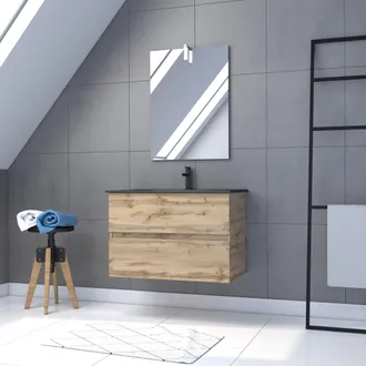Aurlane Aurlane - Mueble Ba&ntilde;o Suspendido 80x54 - Acabado Roble + Lavabo Negro + Espejo Aplique Led -timber 80 - Pack33