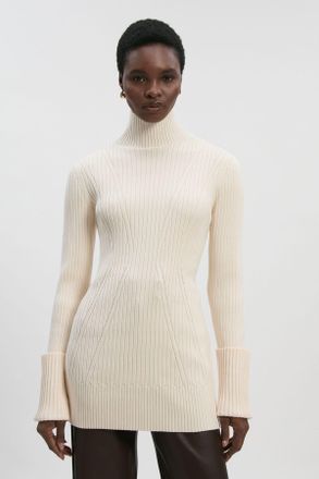 Karen Millen Womens Rib High Neck Longline Knitted Top - White Viscose - Size Medium