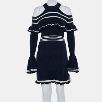 Self Portrait Navy Blue Rib Knit Ruffled Cold Shoulder Dress