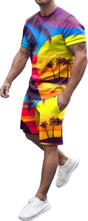 Generic Mens Tracksuit Hawaii Sports Suit Short Trousers Set 2 Piece Outfit T-Shirt with Tropical Print + Shorts Suit Running Suit Lightweight and Quick-Dryin