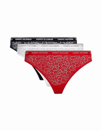 Tommy Hilfiger Womens 3-Pack Premium Essential Lace Thongs, Navy/White/Red - Size: 14