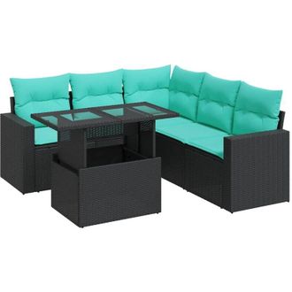 vidaXL 6 Piece Garden Sofa Set with Cushions Black Poly Rattan Acacia vidaXL