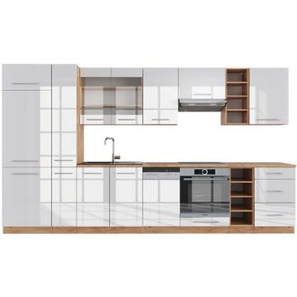 Vicco Cucina componibile Fame-Line, Bianco lucido/oro power oak, 355 cm, pl Rovere