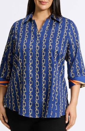 Foxcroft Taylor Chain Stripe Cotton Button-Up Shirt in Pacific Blue Mu at Nordstrom Rack, Size 24W