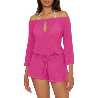 BECCA by Rebecca Virtue Breezy Basics Off the Shoulder Cover-Up Romper in Azalea at Nordstrom Rack, Size Medium