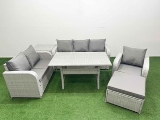 Fimous Patio PE Wicker 7 Seater Outdoor Rattan Furniture Sofa Sets w/ Rectangular Dining Table Reclining Chair Loveseat Sofa 3 Seater Sofa Big