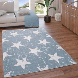 Paco Home Paco Home Alfombra Exterior Interior Balc&oacute;n Cocina Vintage Motivo Estrellas Azul Crema 200x280 Cm