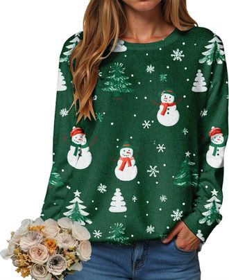 Generic Womens Christmas Jumpers Xmas Long Sleeve Neck Sweatshirt Tree Print Pullover Ladies Tops Funny Christmas Jumpers UK Classic Crew Workout Shirts Loose