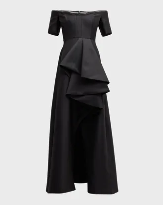 Black Halo Serafina Off-Shoulder Ruffle Jacquard Gown