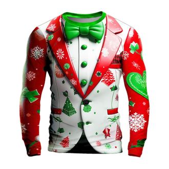 Generic Christmas T-Shirts for Men UK Autumn Reindeer Tee Shirt Funny Claus Long Sleeve Pullover Oversize Cartoon Round Neck Streetwear(Red, 3XL)