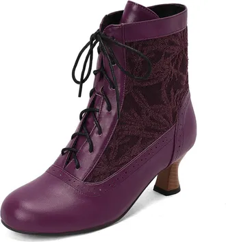 Generic Womens Lace Up Vintage Victorian Boots Round Toe PU Leather Short Boots Kitten Heel Retro Dress Boot,Purple,10.5 UK