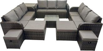Fimous Rattan Garden Outdoor Furniture Set 3 Seater Sofa Square Coffee Table Set with 4 Stools Side Table Dark Grey Mixed - Fimous