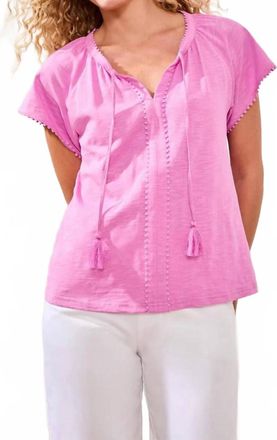 Tribal Cotton Slub Split Neck Tassel Top In Wisteria