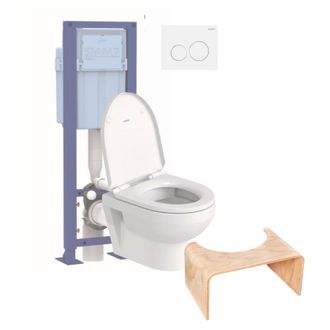 Duravit Pack Inodoro Suspendido Compacto Sin Aro Duravit Asiento Freno Ca&iacute;da Duravit N&ordm;1 + Estructura Soporte Siamp + Placa Blanca + Taburete