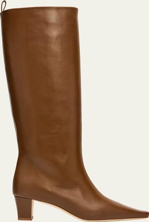 Manolo Blahnik 50mm Leather Knee-High Low-Heel Boots