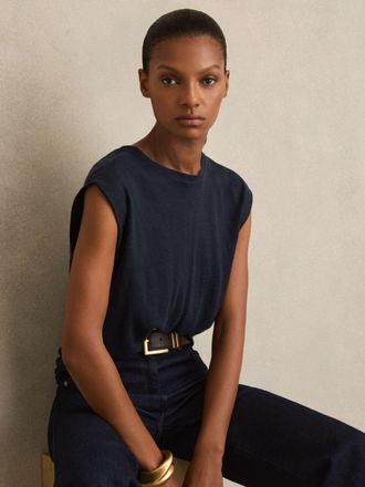 Reiss Navy Linen Cap-sleeve T-shirt, XS