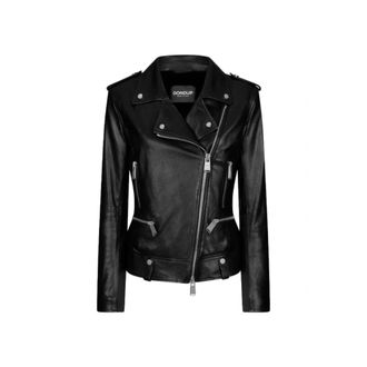 Dondup Zwarte Bikerjas met Imitatiebont - Dames - Leren en Su&egrave;de Jassen - Zwart - XL - Leer - Jassen