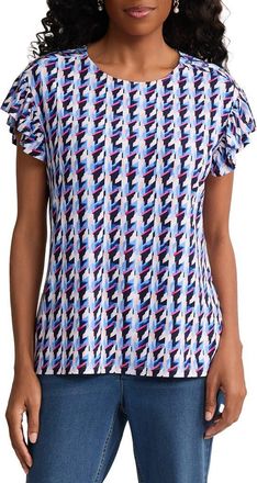 Jones New York Houndstooth Flutter Sleeve Top in Pacific Navy Multi at Nordstrom, Size X-Large