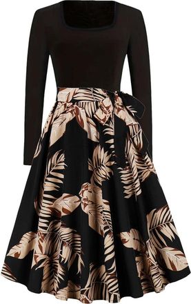 Generic Ladies Cocktail Dresses Graphic Print Casual Loose Ladies Dresses Swing Tie Front Party for Women UK Midi Square Neck Vintage for Women Ruffle Long Sl