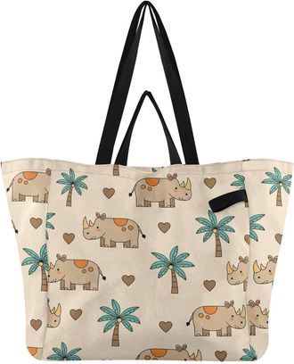 Generic Tropical Rhino Palm Tree pattern Reusable Canvas Tote Bag, Heavy Duty Grocery Shopping Bag with Hard Bottom Large Capacity Double Handles Work Groceri