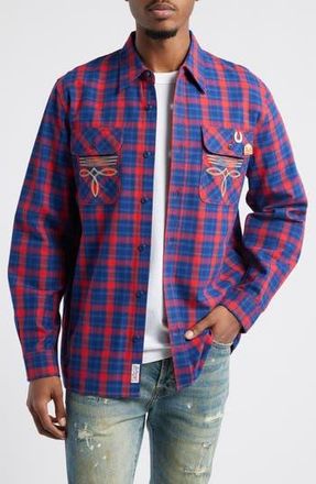 Billionaire Boys Club Dust Embroidered Plaid Flannel Button-Up Shirt in Racing Red at Nordstrom Rack, Size Large