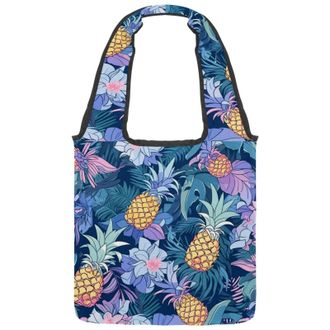 Generic Tropical Pineapple Fruit Reversible Canvas Shoulder Tote - Double-Sided Print, 12oz Cotton, 27cm Drop, Fold-Flat Bag for Travel, Shopping, Street Outi