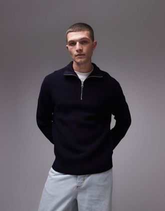 Arket wool blend chunky ribbed sweater with half zip funnel neck in blue