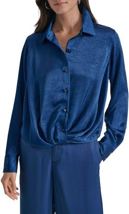 DKNY Twist Front Crinkle Satin Shirt in Cadet Blue at Nordstrom, Size Xx-Small