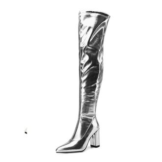 Generic Silver,5.5 UK,Womens Tall Over The Knee Boots Thigh High Fall Block Chunky Heeled Knee High Long Boots with Fashion Pointy Toe and Side Zipper