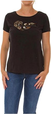 Pepe Jeans London Zwarte korte mouwen katoenen T-shirt met kralen paillettenprint - Dames - T-shirts - Zwart - XS - Katoen - Tops