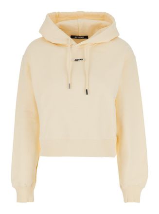 Jacquemus Le Hoodie Gros Grain Beige Cropped Hoodie With Drawstring Hood And Logo Patch On The Front In Cotton Woman