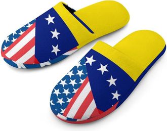 Generic U.S. And Venezuela Flag Mens Slippers Flannel Warm House Shoes with Rubber Anti-Slip Sole Slip On for Home Outdoor