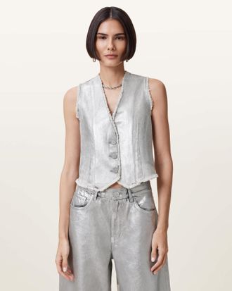 AllSaints Cotton Andrea Metallic Silver Waistcoat, Size: UK 16/US 12