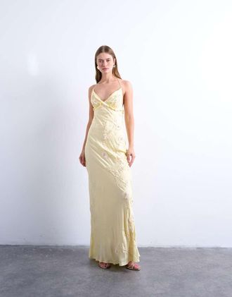 Topshop Vestito sottoveste giallo con volant e decorazioni in rafia