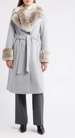 Via Spiga Belted Faux Fur Trim Coat in Heather Grey at Nordstrom, Size Xx-Large