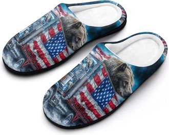 Generic U.S Flag Bear Truck Womens Slippers Warm House Slippers Indoor House Shoes with Anti-Skid Rubber Sole