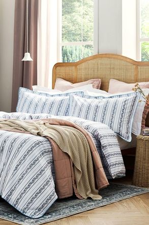 Christy Clara Jacobean Floral Striped Percale Duvet Cover Set in Blue | Size: King