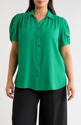Adrianna Papell Gathered Short Sleeve Button-Up Shirt in Vivid Green at Nordstrom Rack, Size 1X