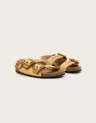 AllSaints Staffa - Sandali in pelle marrone naturale testurizzata con doppio cinturino con fibbie