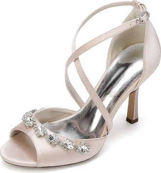 Generic Womens High Heel Sandals Open Toe Bridal Satin Crystal Stiletto Wedding Shoes Formal Prom Party Dress Shoes 9.5Cm,Champagne,10 UK