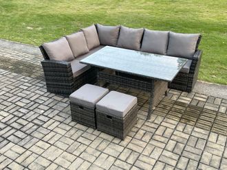 Fimous 8 Seater Garden Rattan Furniture Corner Dining Set with 2 Small Footstools Indoor Outdoor Lounge Sofa Set in Dark Grey