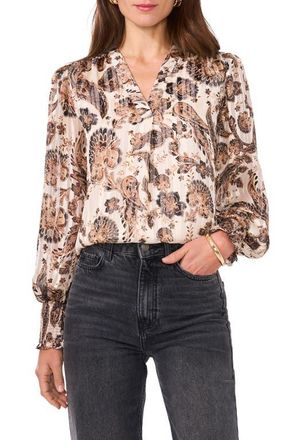 Vince Camuto Metallic Stripe Paisley Ruffle Sleeve Top in Cafe Sky at Nordstrom, Size Large