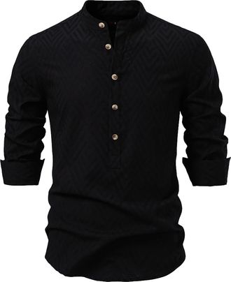 Generic Henley Shirts for Men Waffle Long Sleeve T-Shirts Half Button Stand Collar Shirt Pullover Tops Casual Office Blouses Franelas Manga Larga para Hombres